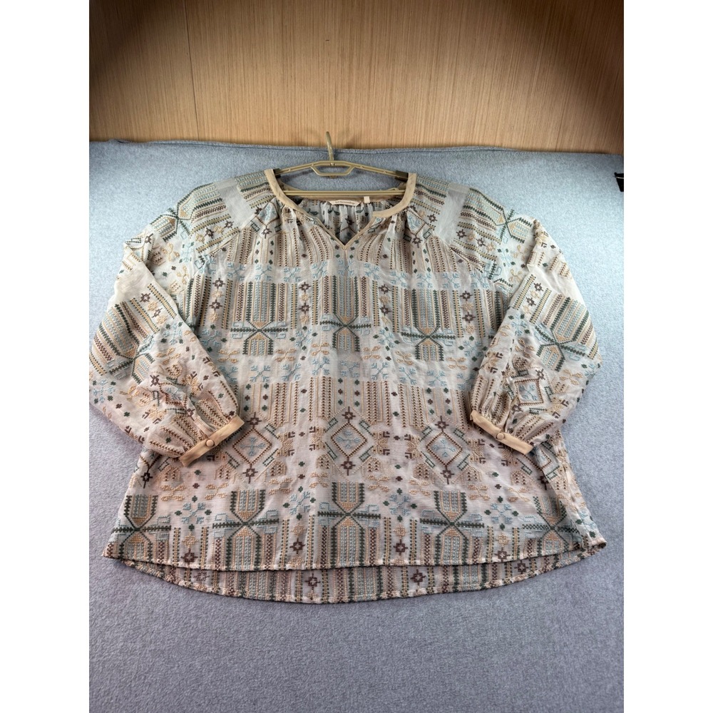 Soft Surroundings Reglan Sanibella Embroidered Boho Blouse 3X Ivory Blue Sheer